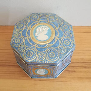 Vintage Octagon Embossed Cameo Drop Candy Tin England Blue White Gold